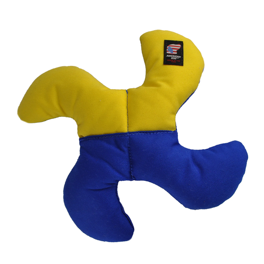 American Dog brand toy, yellow and blue with an American flag logo