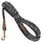 Black and white rope dog leash with brass clip and brown leather accents