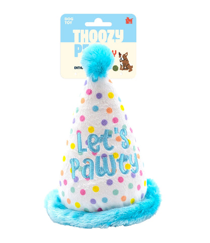 Thoozy Birthday Hat Plush 7 inch dog toy, white with colorful polka dots, blue trim, and blue pom-pom