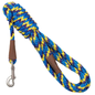 Blue and yellow braided rope dog leash with a silver clip and brown leather accents