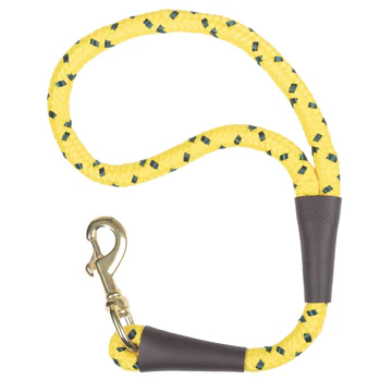 Yellow and black spotted rope dog lead with a brass clip and black leather details