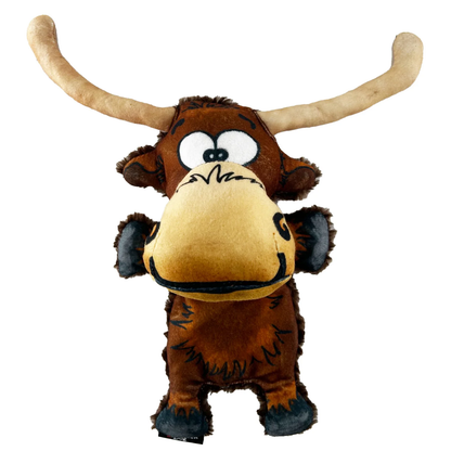 Brown plush toy shaped like a bull with large white eyes and tan horns