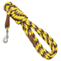 Yellow and black braided rope dog leash with a silver clip and brown leather accents