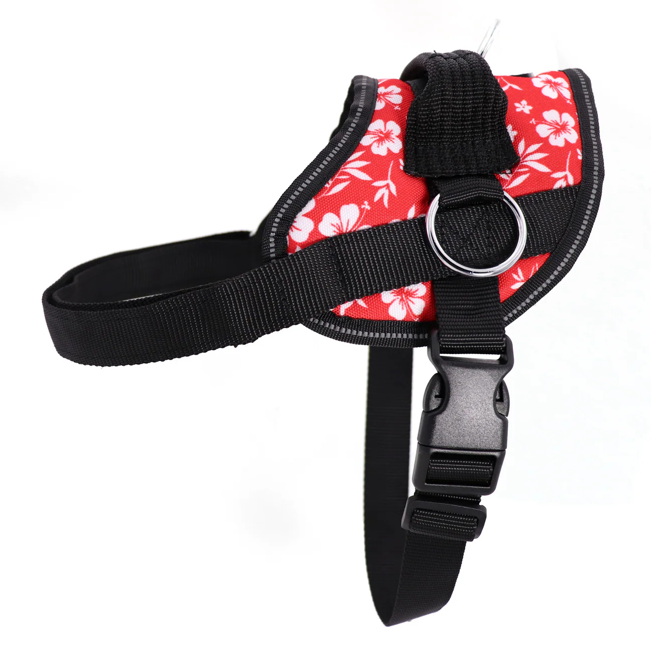 Red dog harness with white floral pattern and black straps