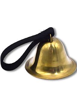Leather Brothers Collar Bell, a brass bell with a black fabric loop handle