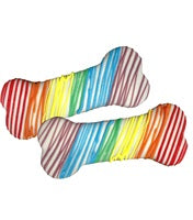 Two rainbow striped dog bone shaped treats