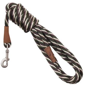Green, brown, and white striped rope dog leash with a silver clip and brown leather accents