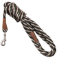 Green, brown, and white striped rope dog leash with a silver clip and brown leather accents
