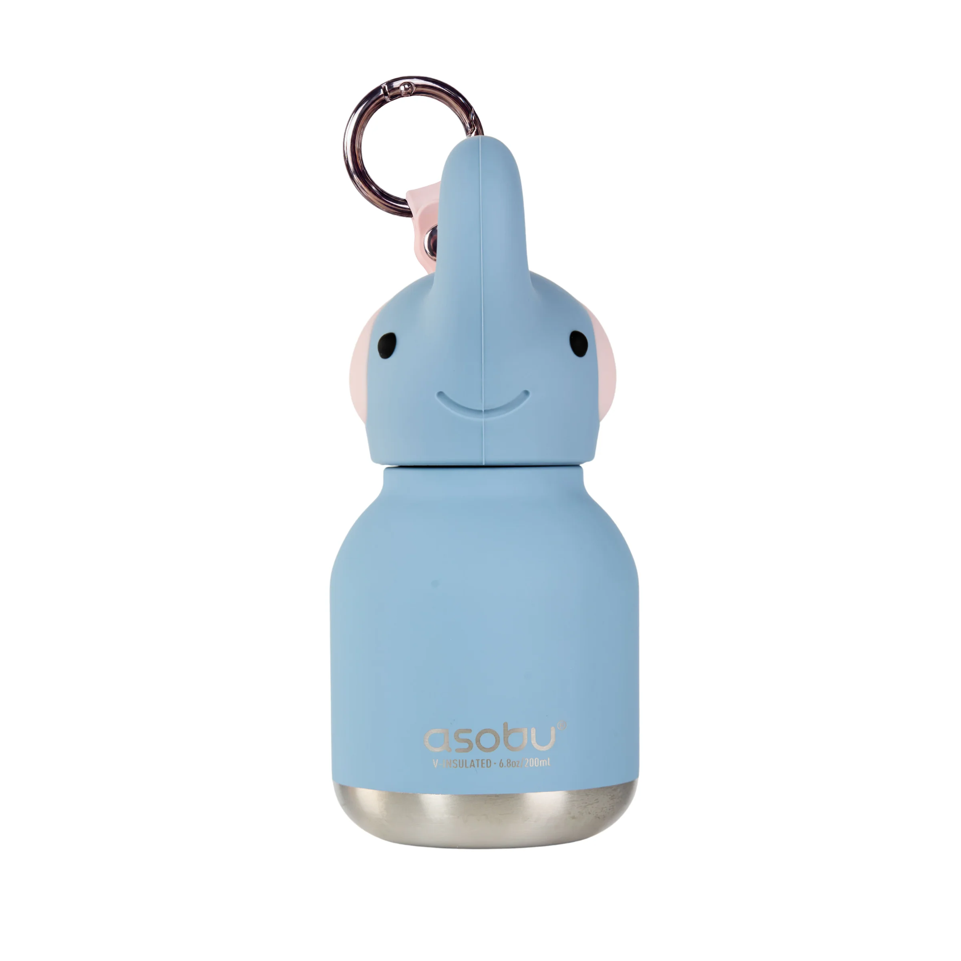 Asobu light blue elephant-shaped insulated water bottle with a silver base and keychain
