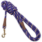 Purple rope dog leash with yellow, pink, and blue flecks, brown leather accents, and a brass snap hook