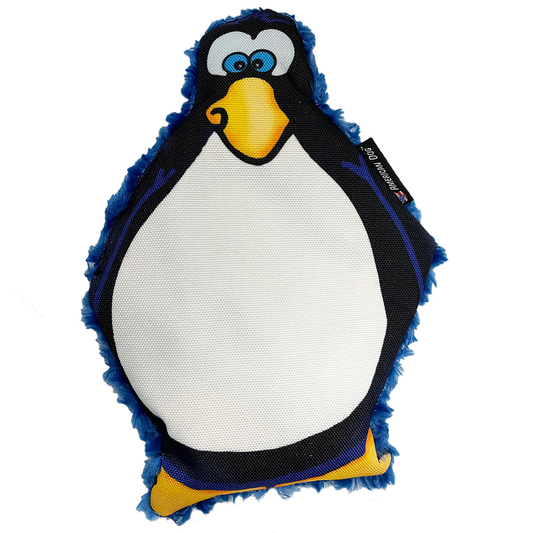 American Dog penguin dog toy with blue fluffy trim