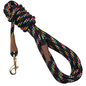 Black rope dog leash with colorful flecks and a brass clasp