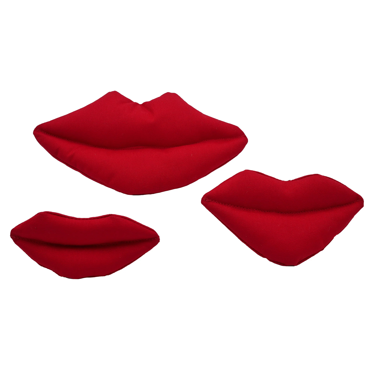 Three red fabric lips in various sizes and orientations