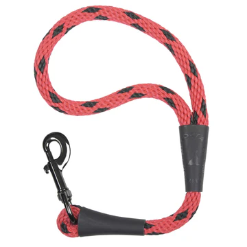Red and black braided rope leash with a black metal clip