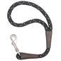 Mendota Pet Snap Traffic Leash with black rope, white flecks, brown leather, and a silver snap hook