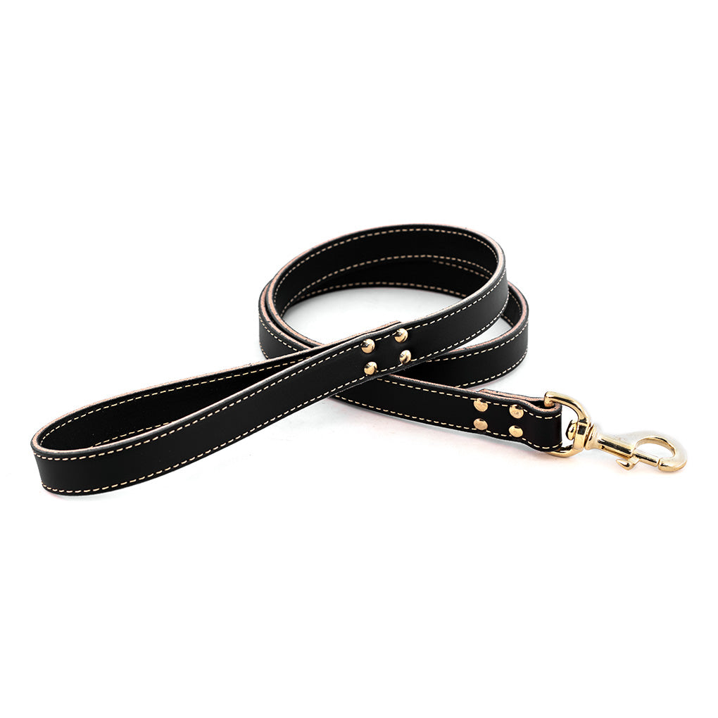 Auburn Leather Lake Country stitched black leather leash with brass hardware