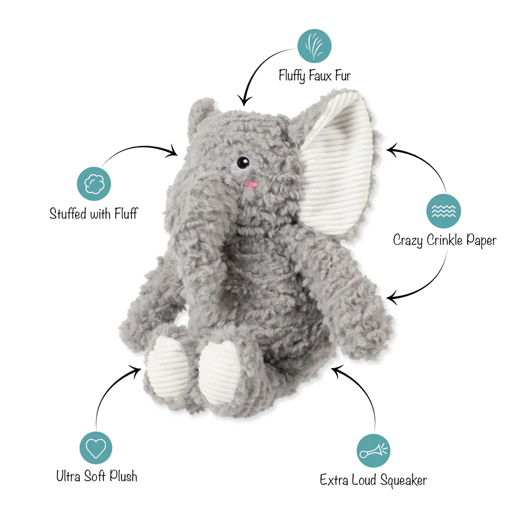 Gray elephant plush toy with features labeled: fluffy faux fur, stuffed with fluff, crinkle paper, soft plush, squeaker