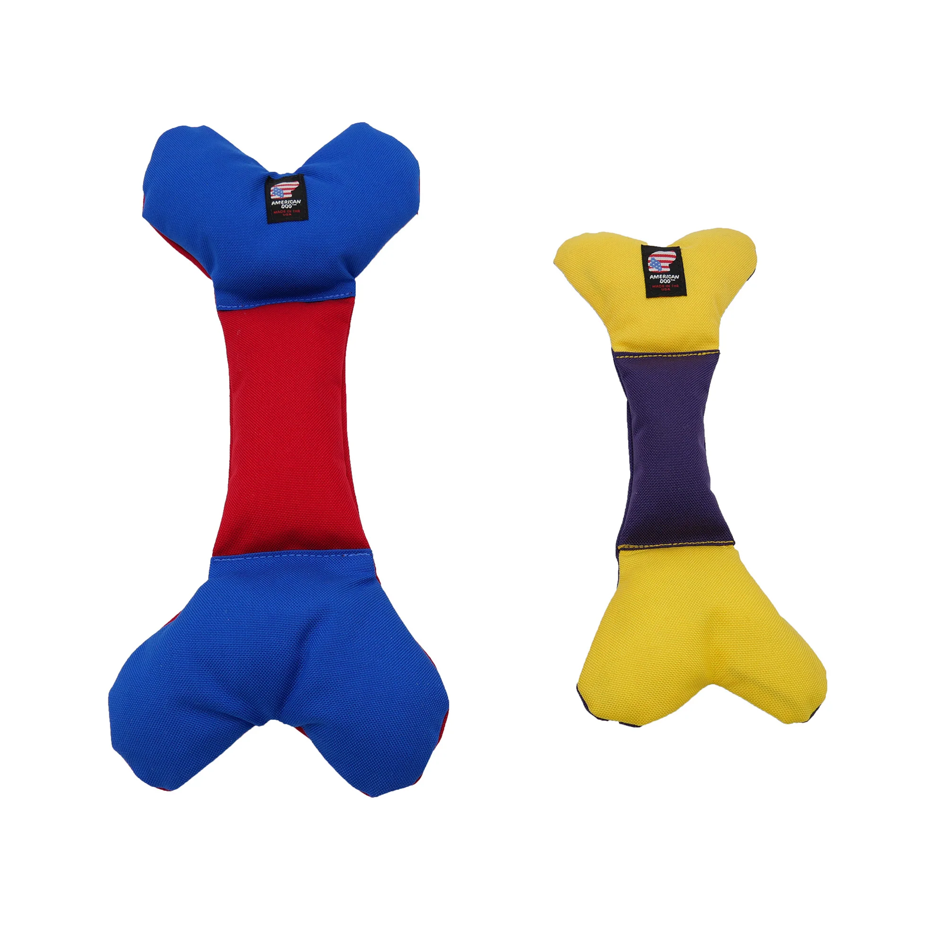Two American Dog Classic Toys, one large blue and red, one small yellow and purple