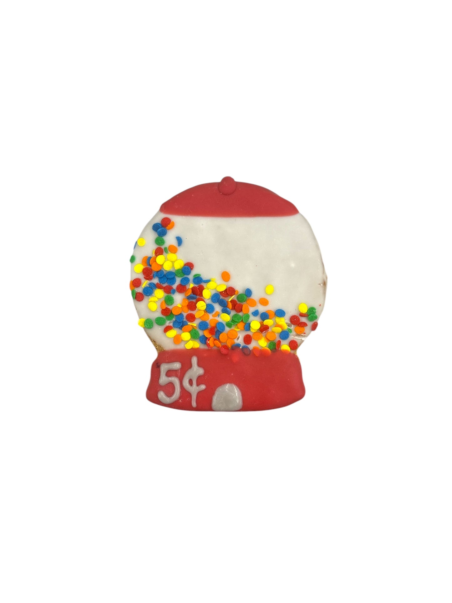 Gumball machine cookie with red base, white top, and colorful sprinkles inside, with 5 cents written on it