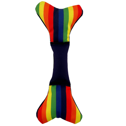 Rainbow colored dog bone toy with a dark blue center