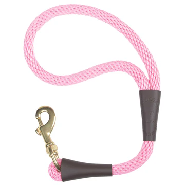 Pink rope dog leash with a brass snap hook and black rubber stoppers