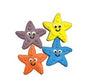 Four colorful starfish shaped cookies with smiling faces