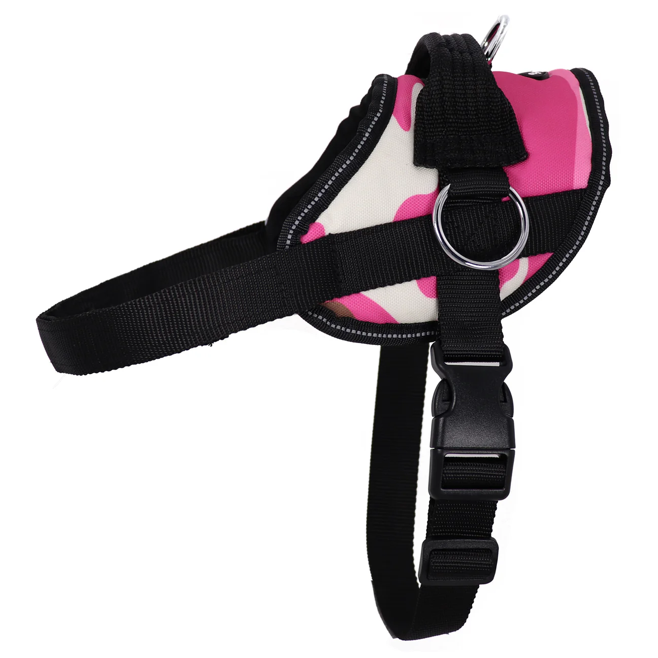 Pink and white camouflage dog harness with black straps and metal rings