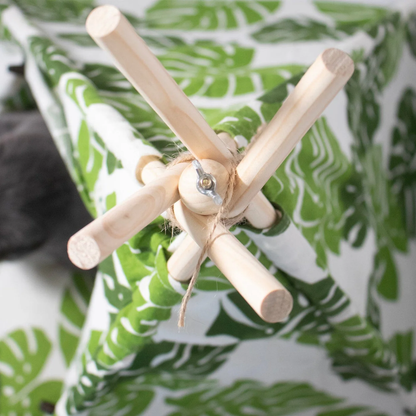 Travel Cat Monstera Cat Tent Bed with wooden poles and green leaf pattern