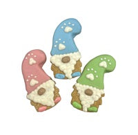 Paws Gourmet Bakery Daily Treats My Gnomies, three gnome-shaped dog treats in blue, pink, and green