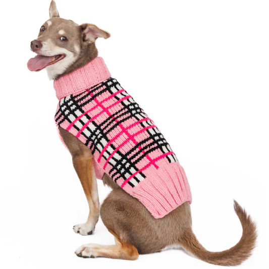 Chilly Dog Derby Pink Plaid Dog Sweater on a light brown dog