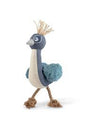 Blue peacock dog toy with rope legs and a straw crest