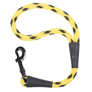 Yellow and black braided rope dog leash with a black metal clip