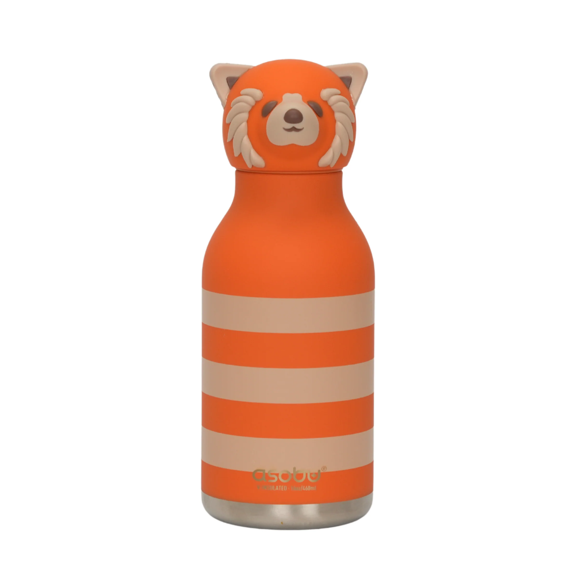 Asobu Bestie Animal Bottle 16oz, orange with beige stripes and a red panda head as the lid