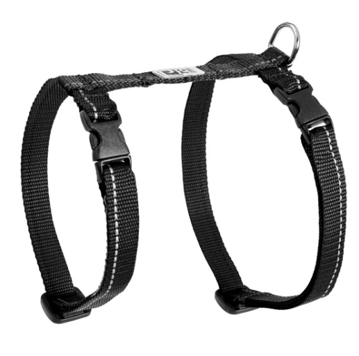 Black nylon dog harness with reflective stitching and metal D-ring