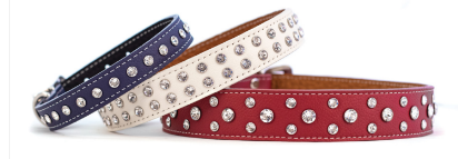 Auburn Leather Tuscan crystallized dog collars in navy white and red with crystal studs