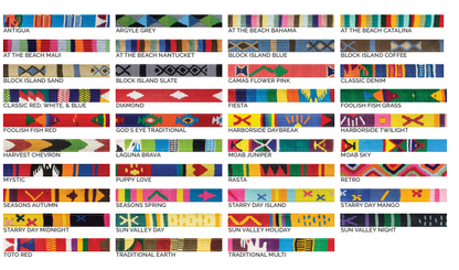 Grid of various colorful woven fabric patterns with names listed below each swatch