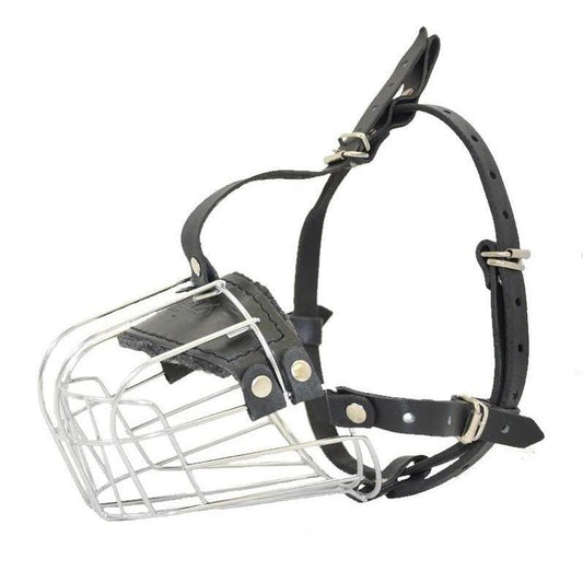 Black leather and metal wire dog muzzle