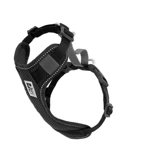 Black dog harness with reflective stitching and adjustable straps