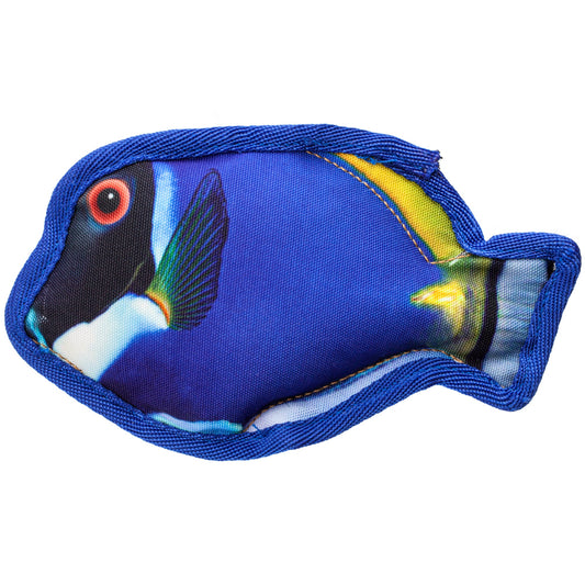 DOGLINE Mini Tropical Fish Toy, a blue fish-shaped toy with yellow and black markings