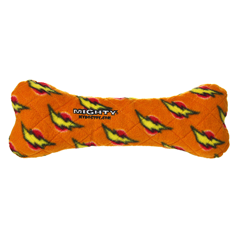 VIP Products Mighty Bones orange plush dog toy with yellow and red lightning bolt pattern
